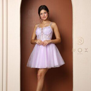 NEW LILAC OFF THE SHOULDER SLEEVELESS EMBROIDERY MINI GOWN WITH STRAPS NX T724